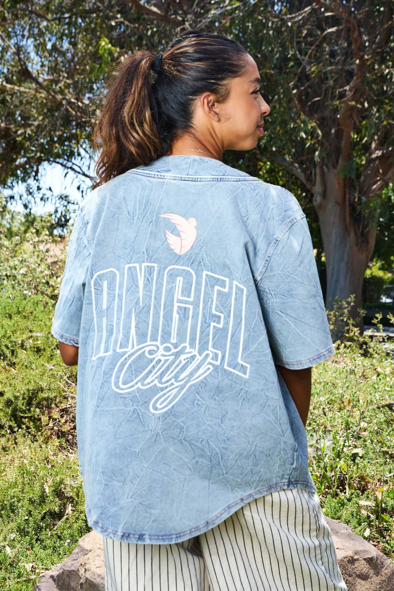 Angel City FC x Wild Collective Unisex Denim Button Up Baseball Shirt