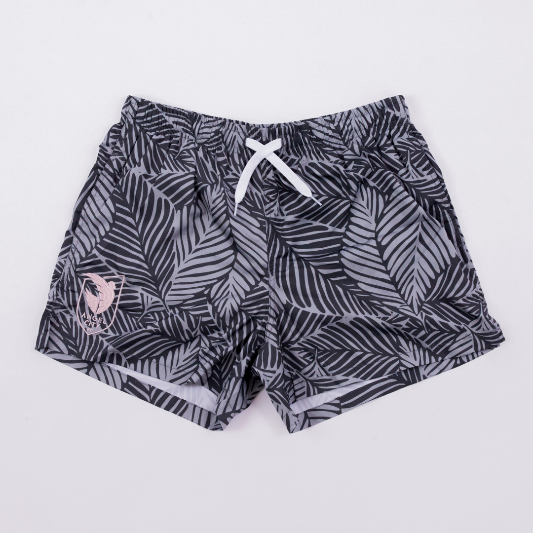 Angel City FC Shorts de baño grises con estampado de palmeras unisex