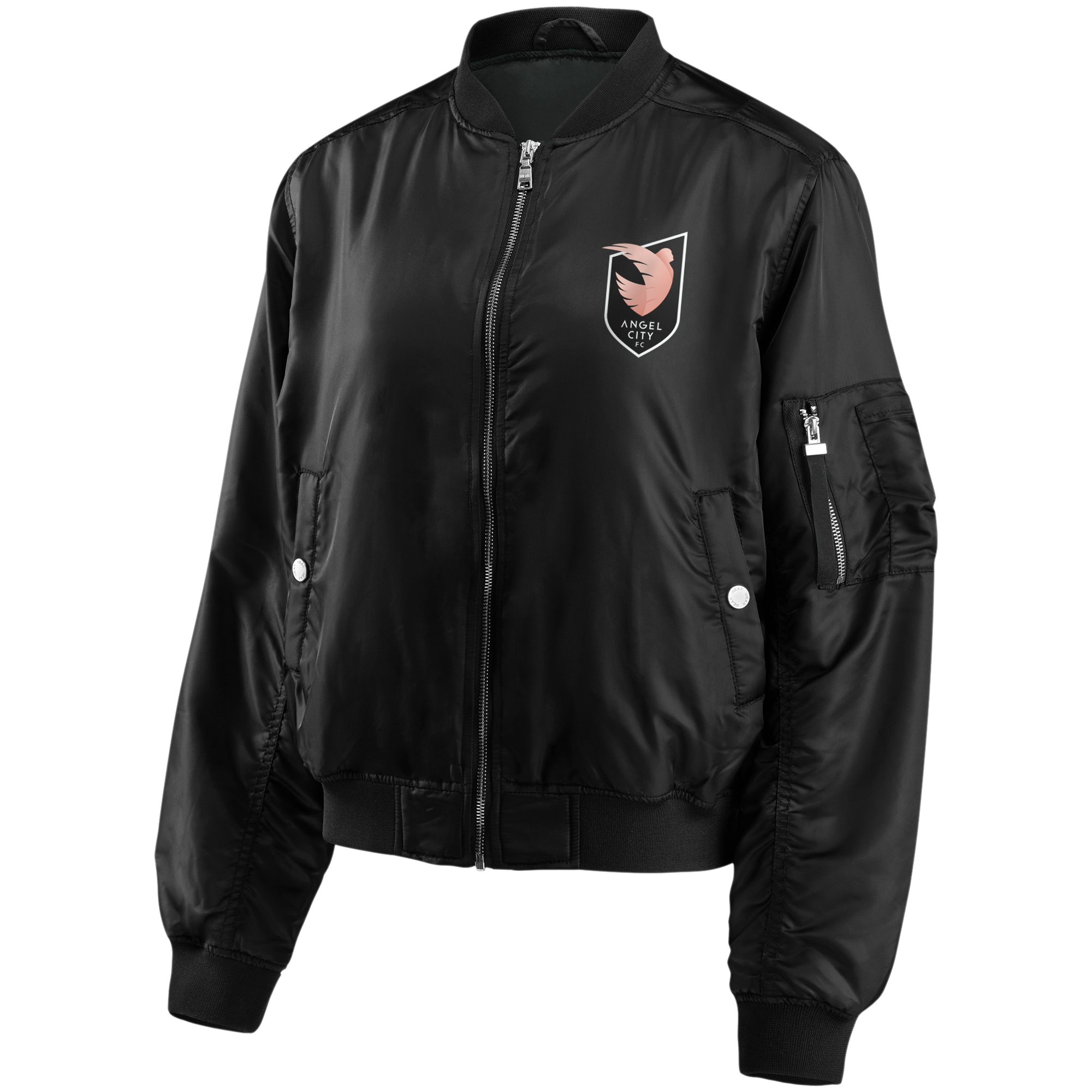 Angel City FC x WEAR by Erin Andrews Women's Black Satin Bomber Jacket
