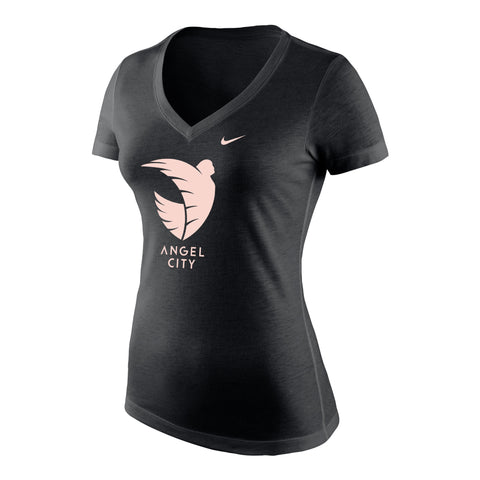 Angel City Nike Mujer Sol Rosa Logo Negro Heather Tri-blend Mid-V Camiseta