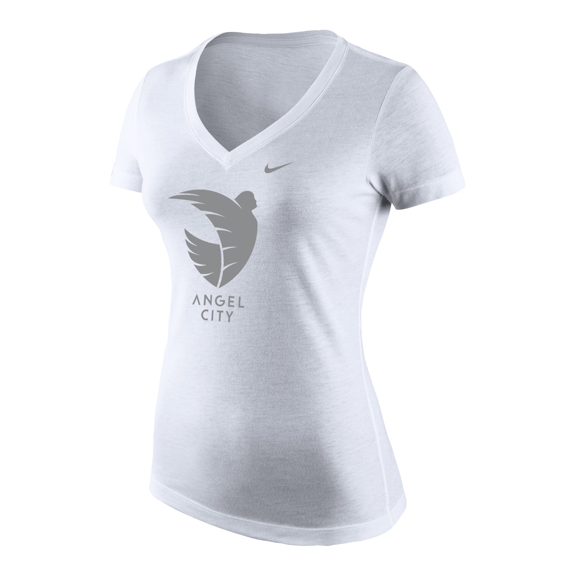 Angel City Nike Armour Logo camiseta blanca de tres mezclas con cuello en V para mujer
