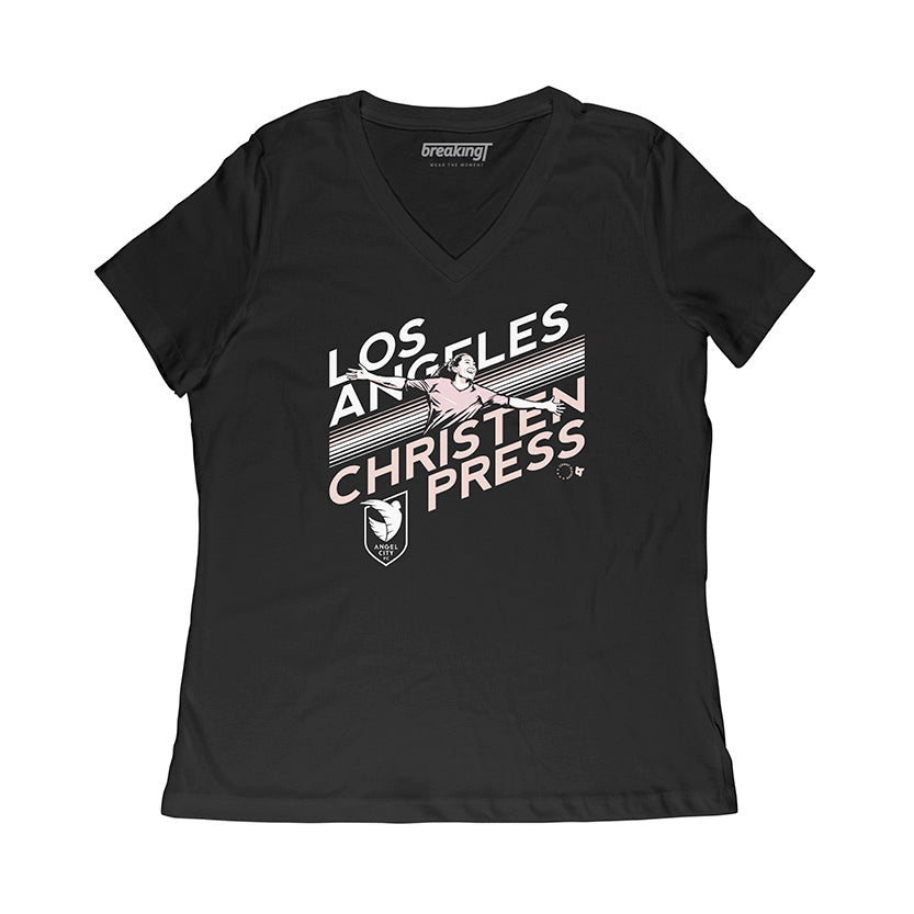 Angel City FC BreakingT Christen Press: camiseta con cuello en V de Los Ángeles para mujer, negra