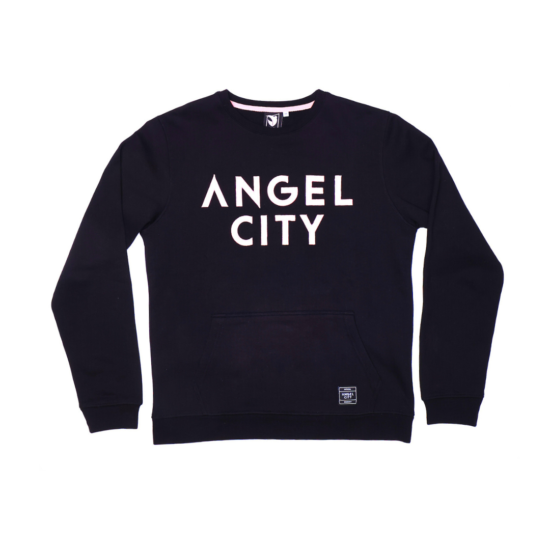 Angel City FC Suéter de cuello redondo negro con marca de fieltro bordado unisex